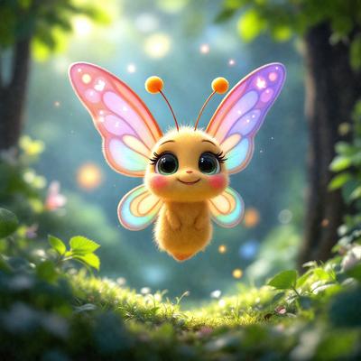 The primary subject of the image is a small, cute, and colorful butterfly. The butterfly is flying in a lush green forest, surrounded by trees and flowers. The visual style of the image is a combination of photo and digital art, creating a vibrant and whimsical scene. The colors and mood of the image are predominantly bright and cheerful, with the butterfly's colors standing out against the greenery of the forest.